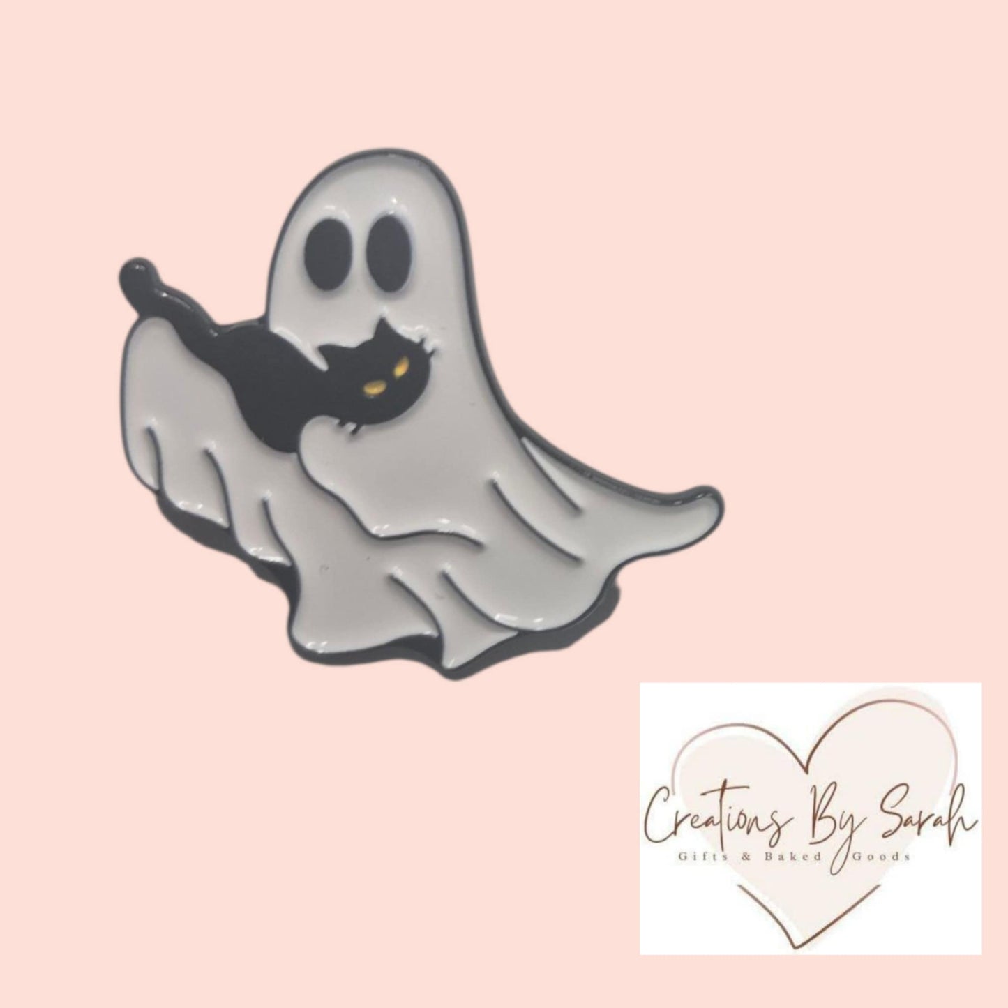 cute ghost with black cat pin badge