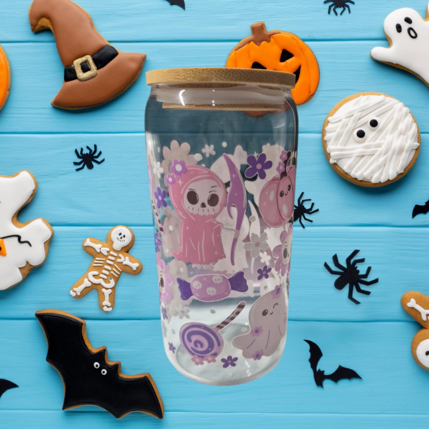 Pink Grim Reaper Cute Girly 16oz Glass Drink Cup