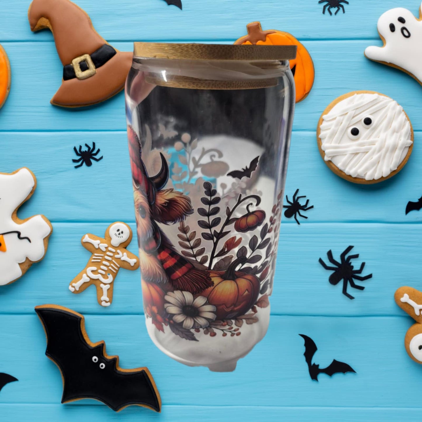 Cute Highland Cow 16oz Halloween/autumn Glass Drink Jar