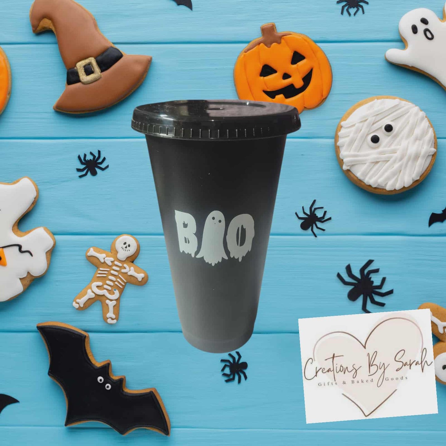Halloween Black Plastic Cold Drink Tumbler 24oz With Black Straw