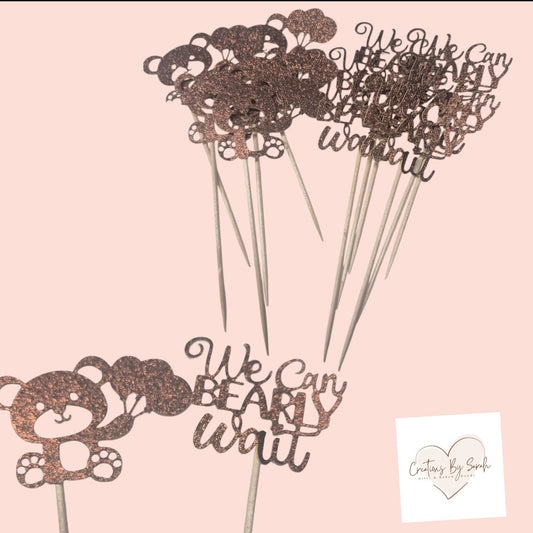 Cute baby bear we can bearly wait baby shower cupcake toppers