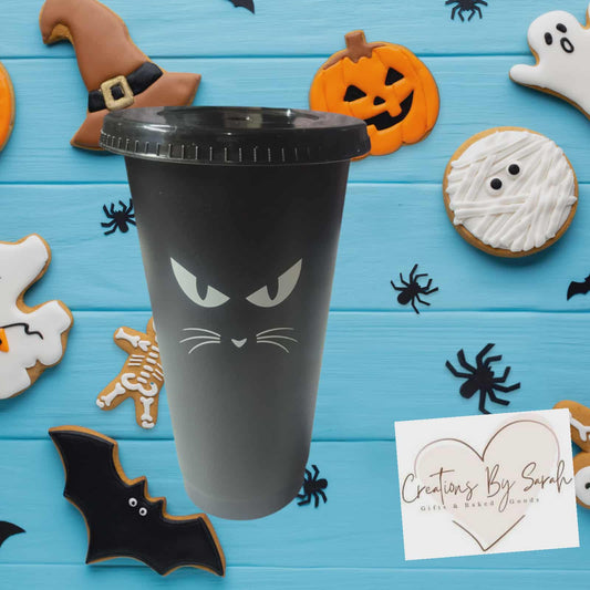 Halloween Black Plastic Cold Drink Tumbler 24oz With Black Straw