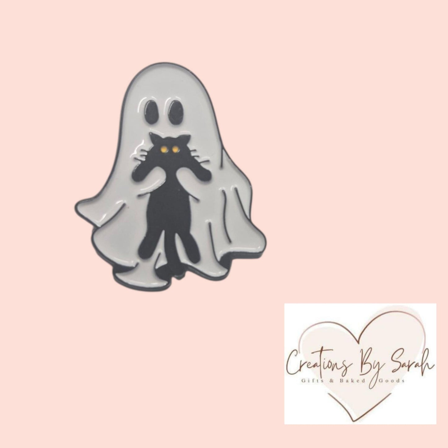 cute ghost with black cat pin badge