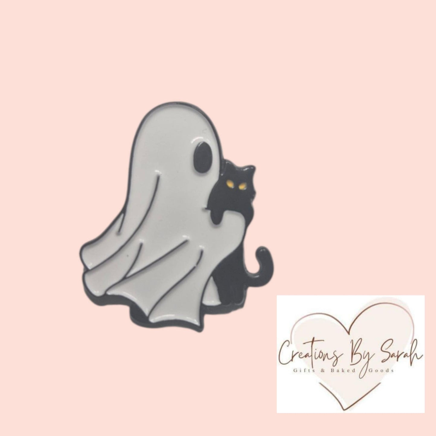 cute ghost with black cat pin badge