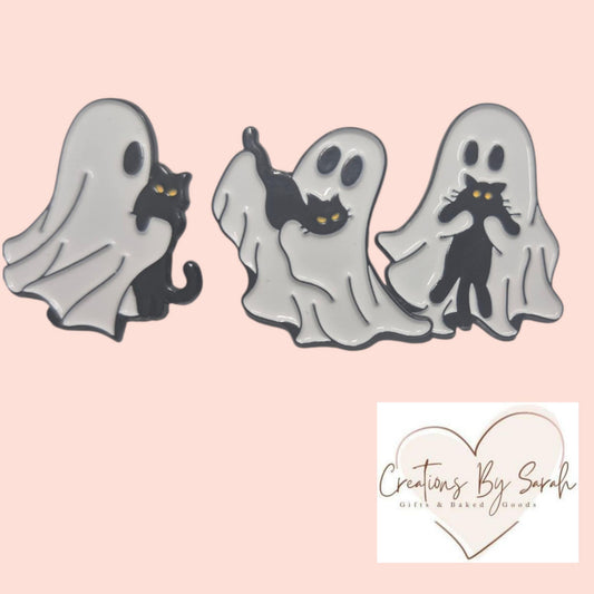 cute ghost with black cat pin badge