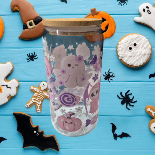Pink Grim Reaper Cute Girly 16oz Glass Drink Cup