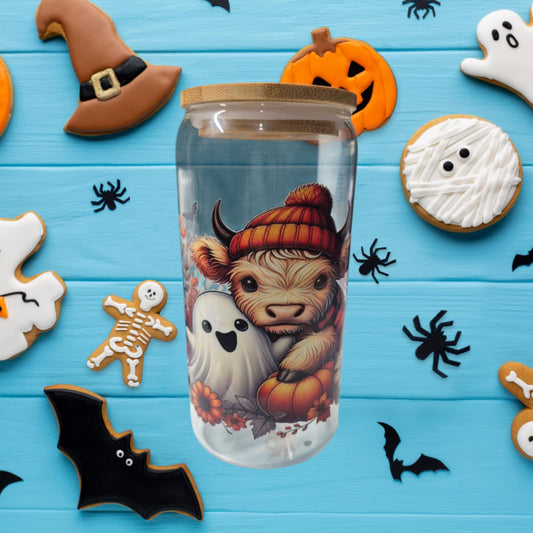 Cute Highland Cow 16oz Halloween/autumn Glass Drink Jar