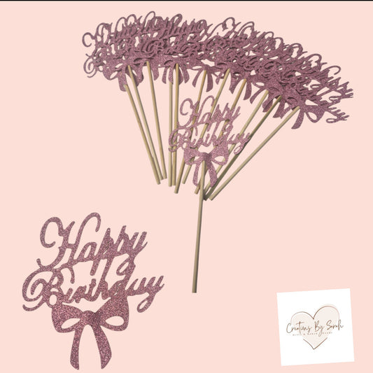 cute pink happy birthday with a bow cupcake toppers, girls birthday