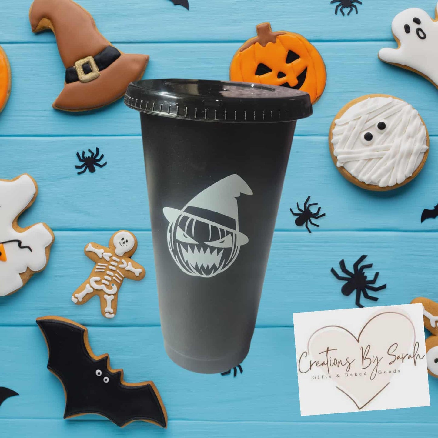 Halloween Black Plastic Cold Drink Tumbler 24oz With Black Straw