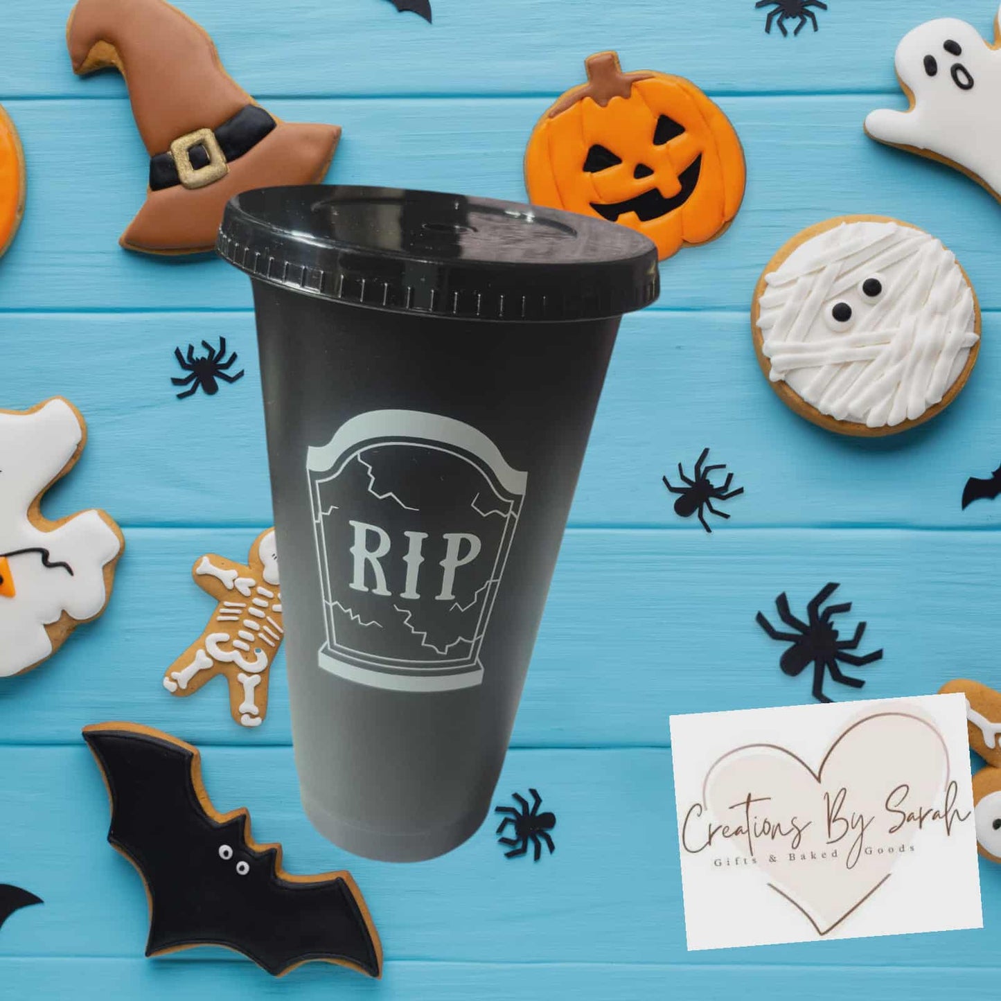 Halloween Black Plastic Cold Drink Tumbler 24oz With Black Straw